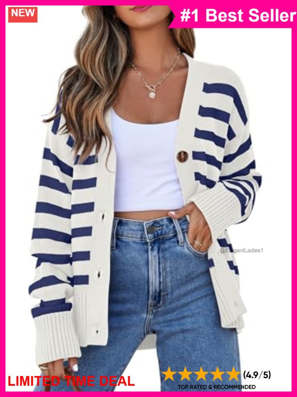 Striped Button Front Knit Cardigan Lightweight V-Neck Long Sleeve Layer